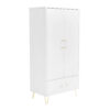 Side angle of the white wardrobe showing slim profile, closed doors, and gold hardware.