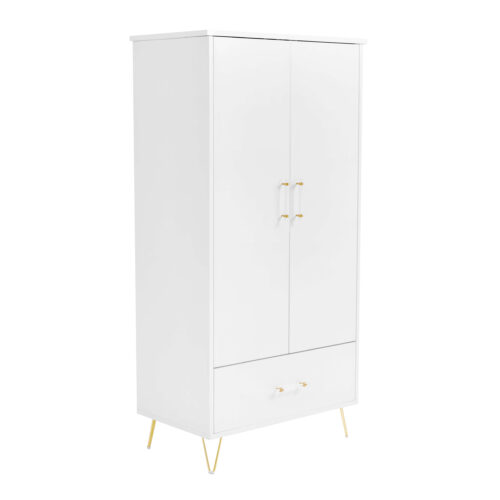 Side angle of the white wardrobe showing slim profile, closed doors, and gold hardware.