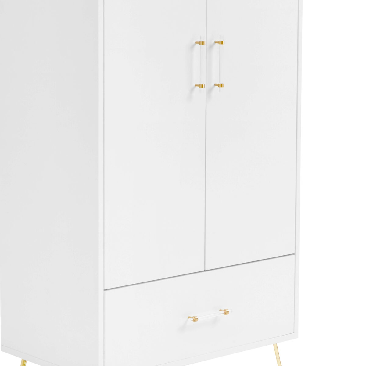 Close-up of white wardrobe doors with gold and acrylic handles and a lower drawer.