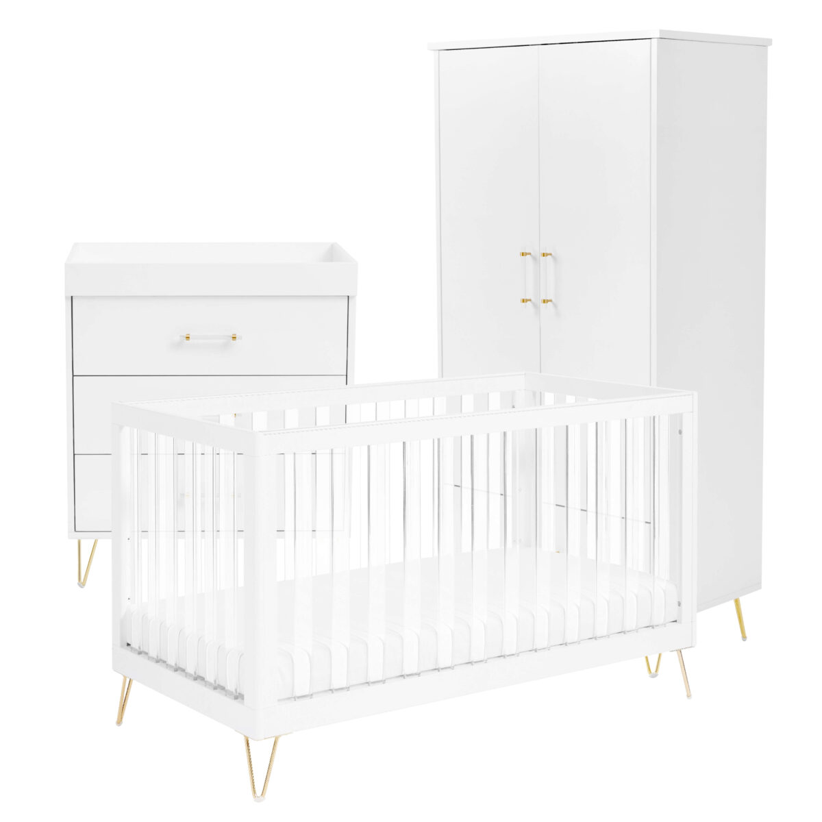 White crib, dresser, and wardrobe with gold legs shown on a plain white background.