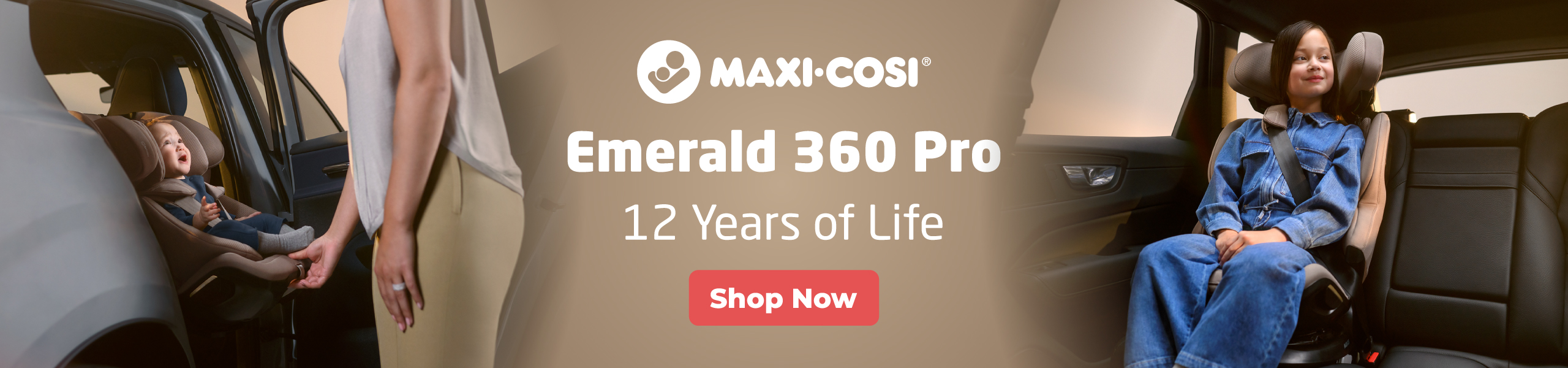 Mom places baby in Maxi-Cosi Emerald 360 Pro car seat; older child sits securely in same seat model.