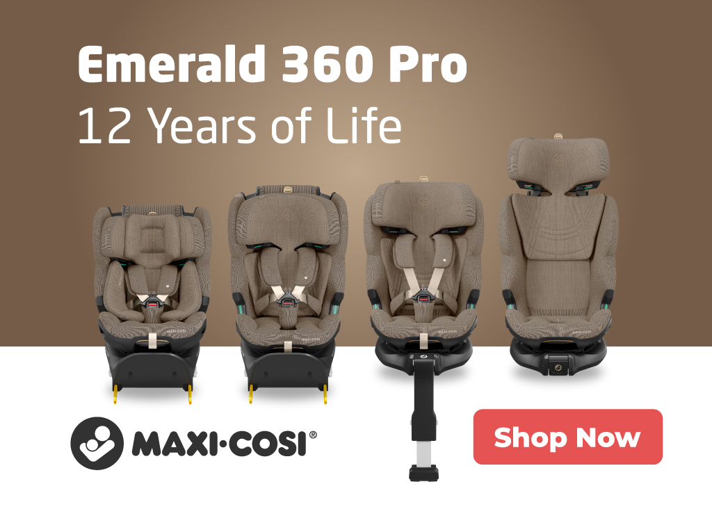 Mom secures baby in Maxi-Cosi Emerald 360 Pro while older child sits in booster mode in back seat.