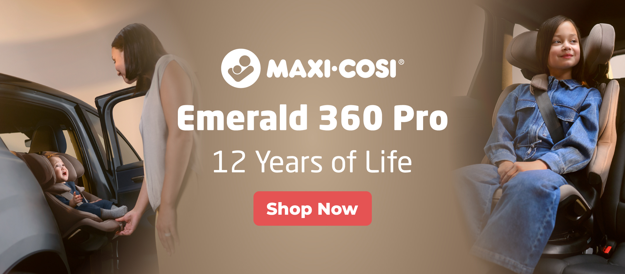 Baby and older child both use the Maxi-Cosi Emerald 360 Pro, highlighting its growth stages and safety.