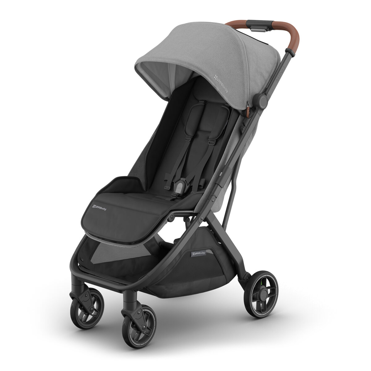 Angled front view of UPPAbaby MINU V3 stroller in Greyson with canopy partially extended.