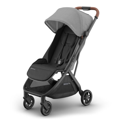 Angled front view of UPPAbaby MINU V3 stroller in Greyson with canopy partially extended.