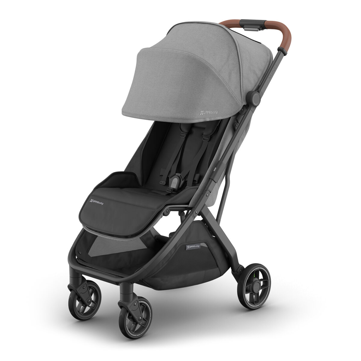 Greyson UPPAbaby MINU V3 stroller angled view with canopy extended and brown leather handlebar.