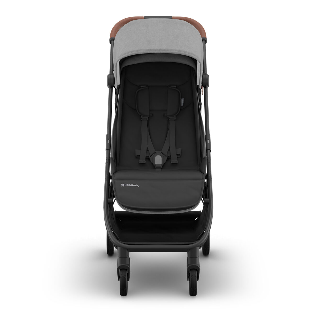 Front view of the UPPAbaby MINU V3 stroller in Greyson with harness and footrest visible.