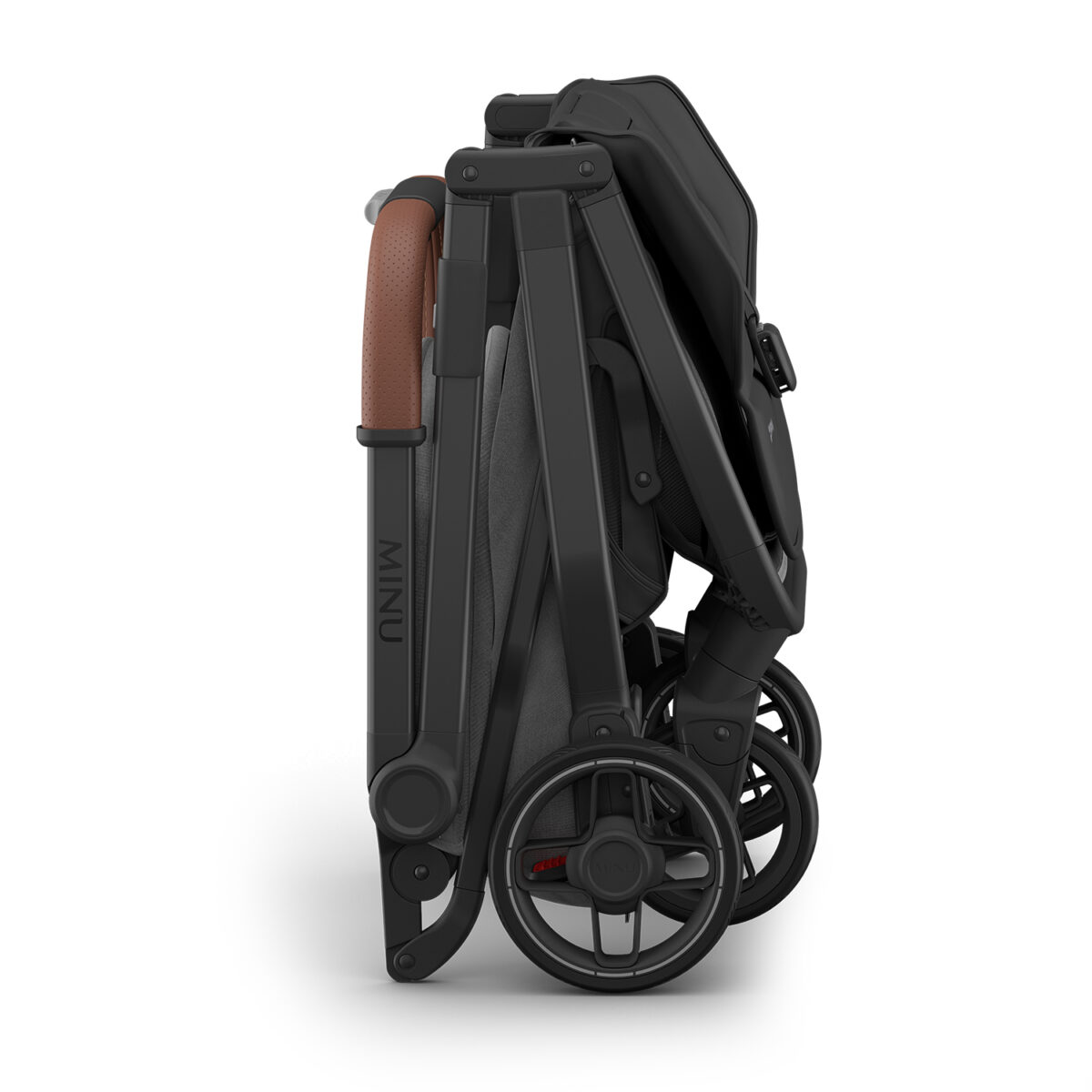Side view of the folded UPPAbaby MINU V3 stroller in Greyson, showing compact design and wheels.