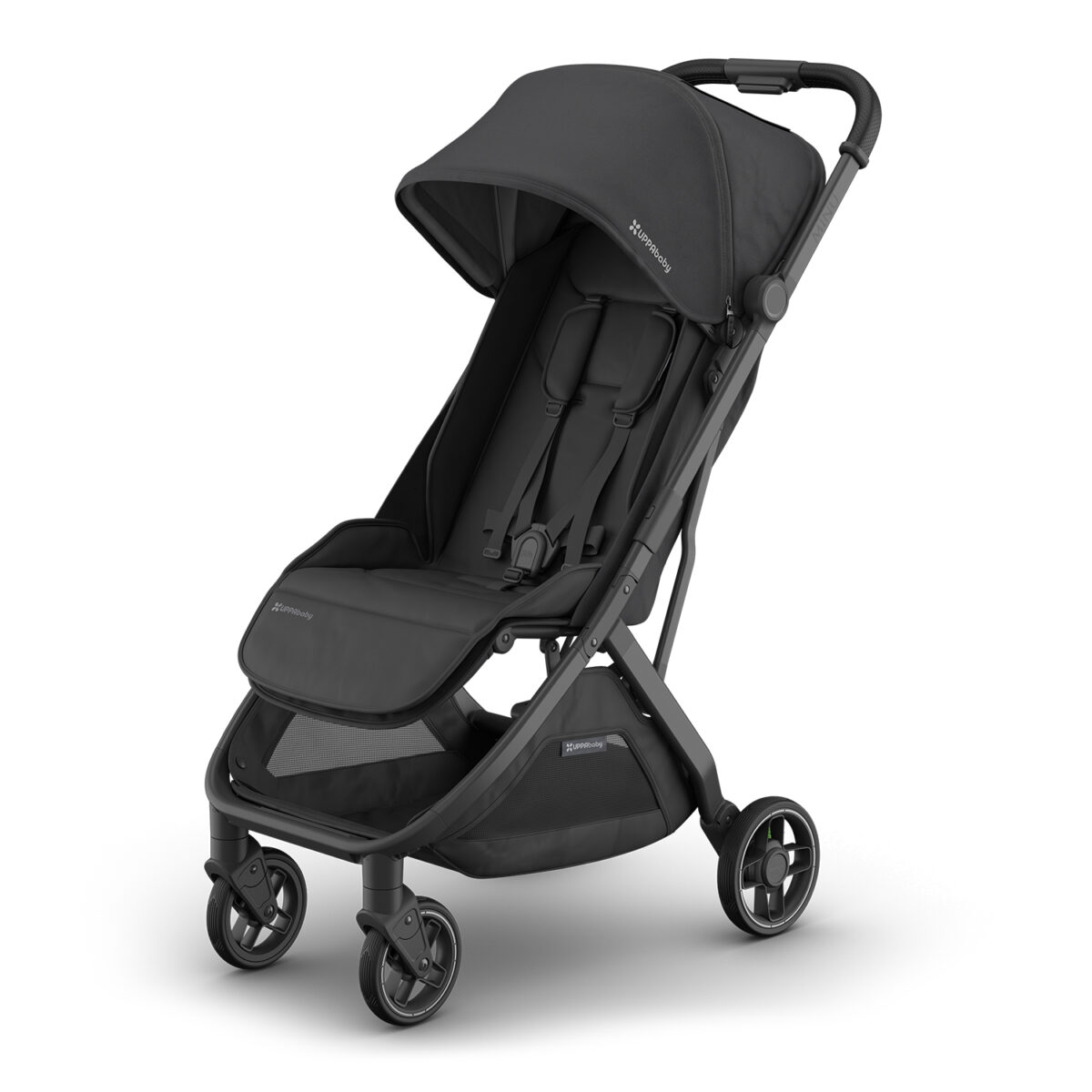 Angled front view of UPPAbaby MINU V3 stroller in Jake with canopy partially extended.