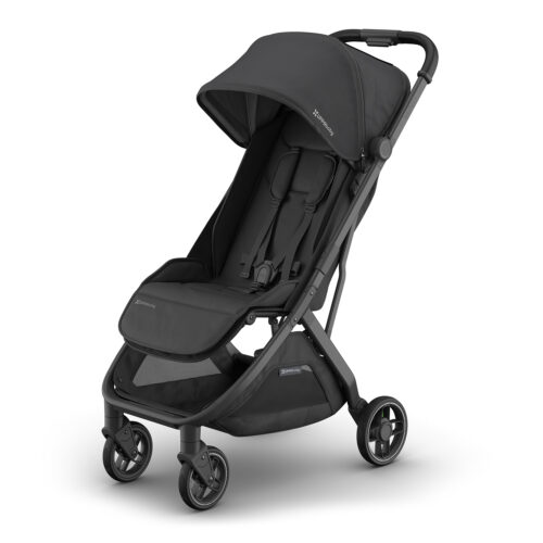 Angled front view of UPPAbaby MINU V3 stroller in Jake with canopy partially extended.