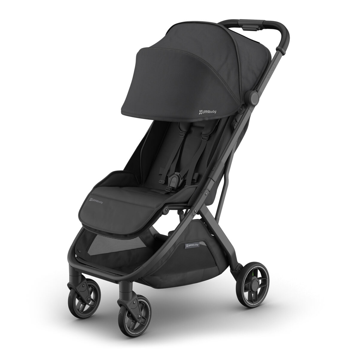 Jake UPPAbaby MINU V3 stroller angled view with canopy extended and brown leather handlebar.