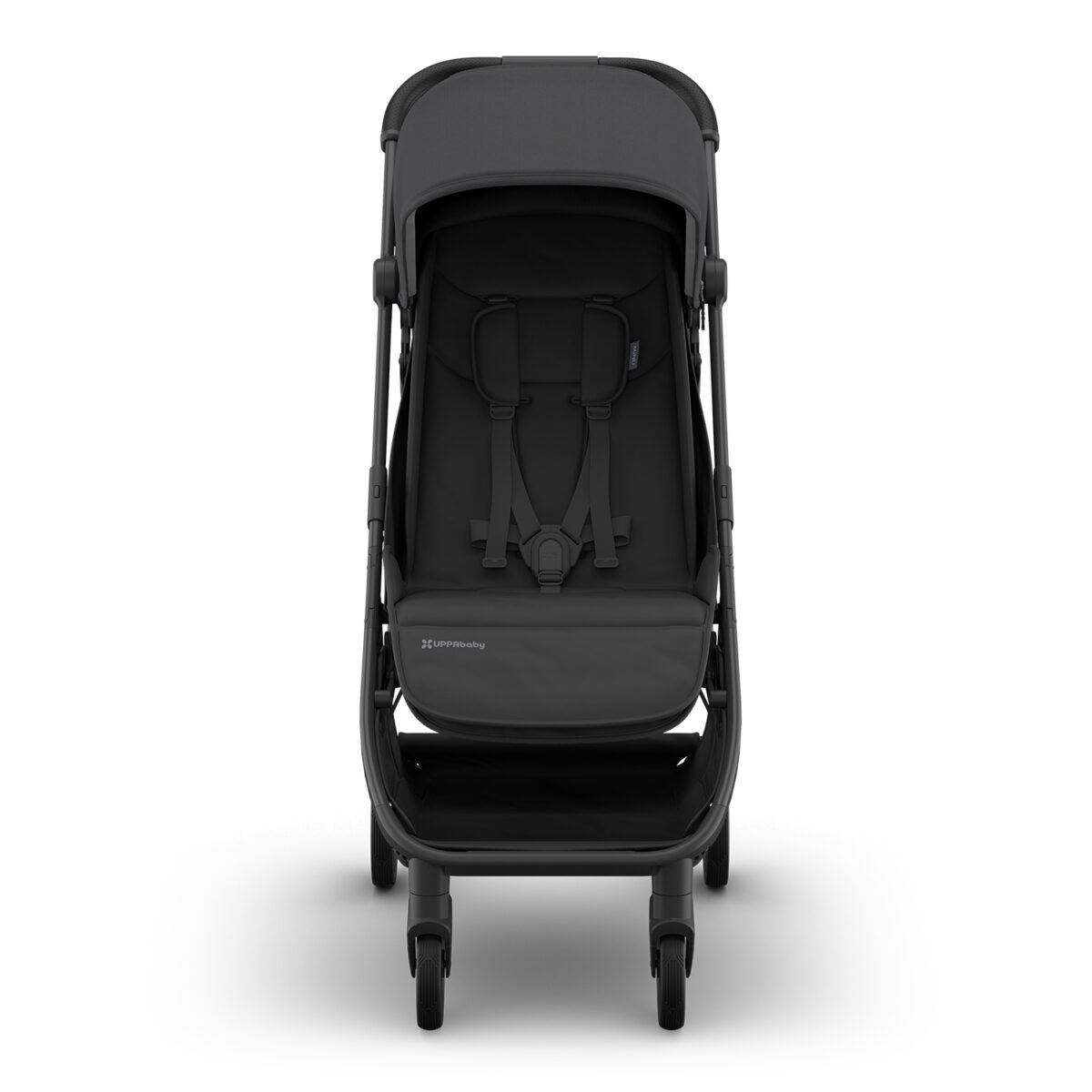 Front view of the UPPAbaby MINU V3 stroller in Jake with harness and footrest visible.