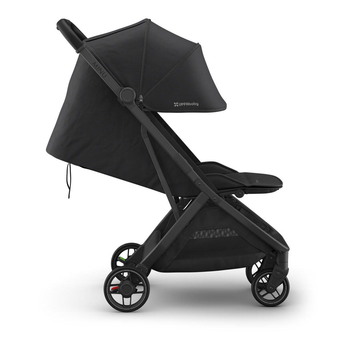 Side profile of Jake UPPAbaby MINU V3 stroller with fully extended canopy and reclined seat.