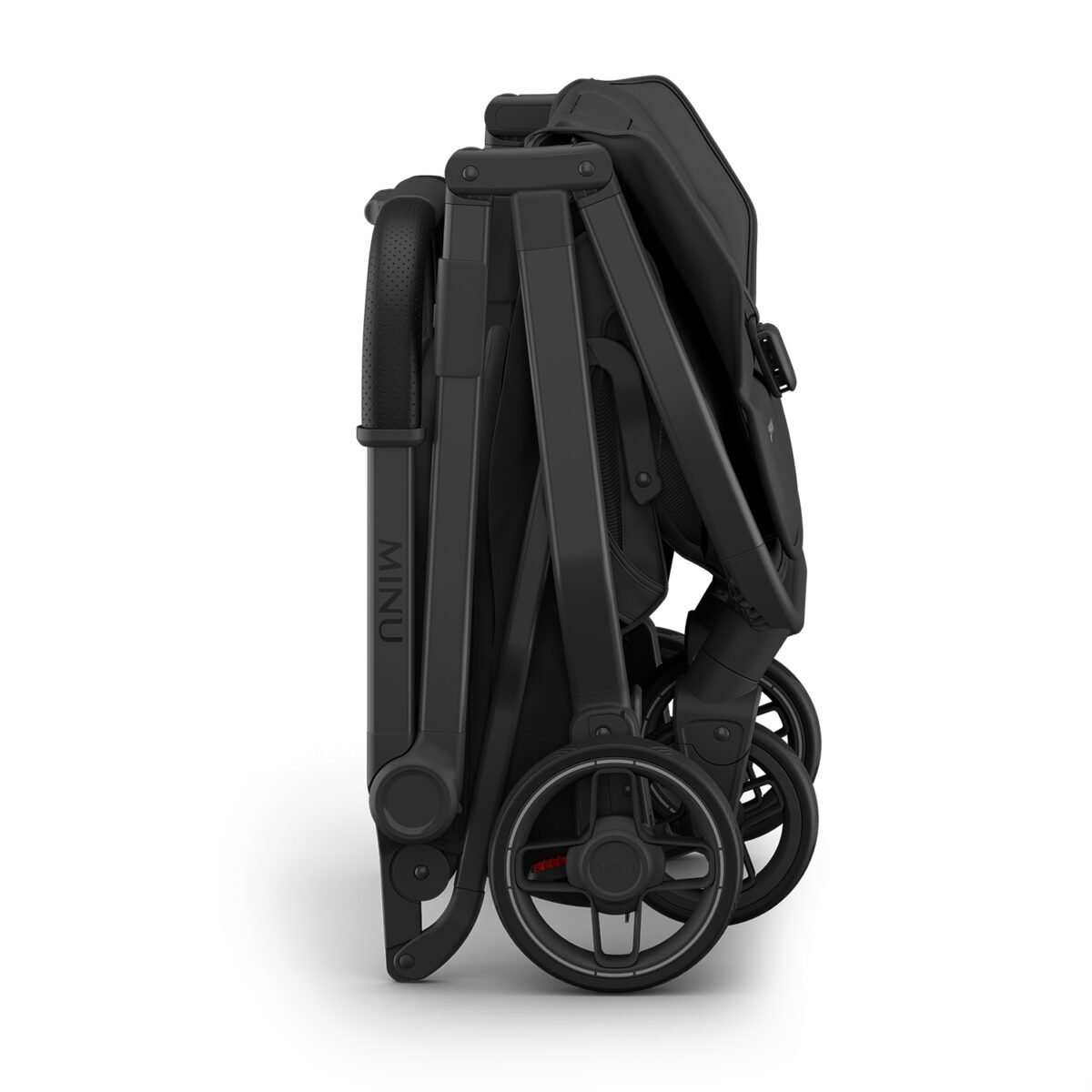 Side view of the folded UPPAbaby MINU V3 stroller in Jake, showing compact design and wheels.