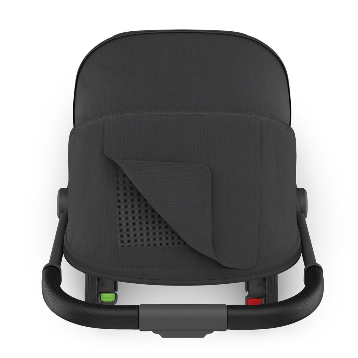 Top view of Jake UPPAbaby MINU V3 stroller showing peekaboo mesh window and leather handle.