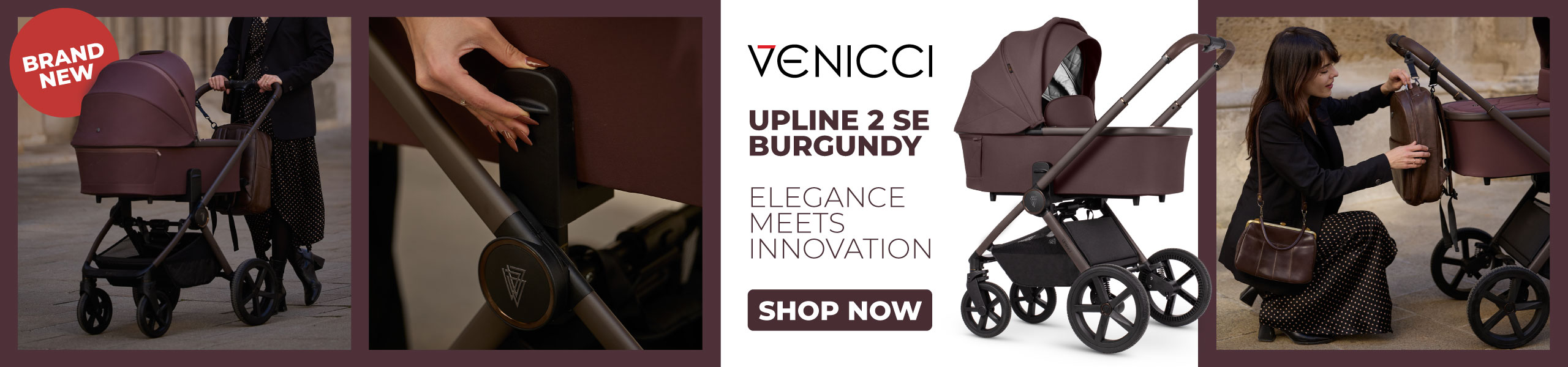 Burgundy Venicci stroller and woman attaching matching bag, promoting innovation and style.