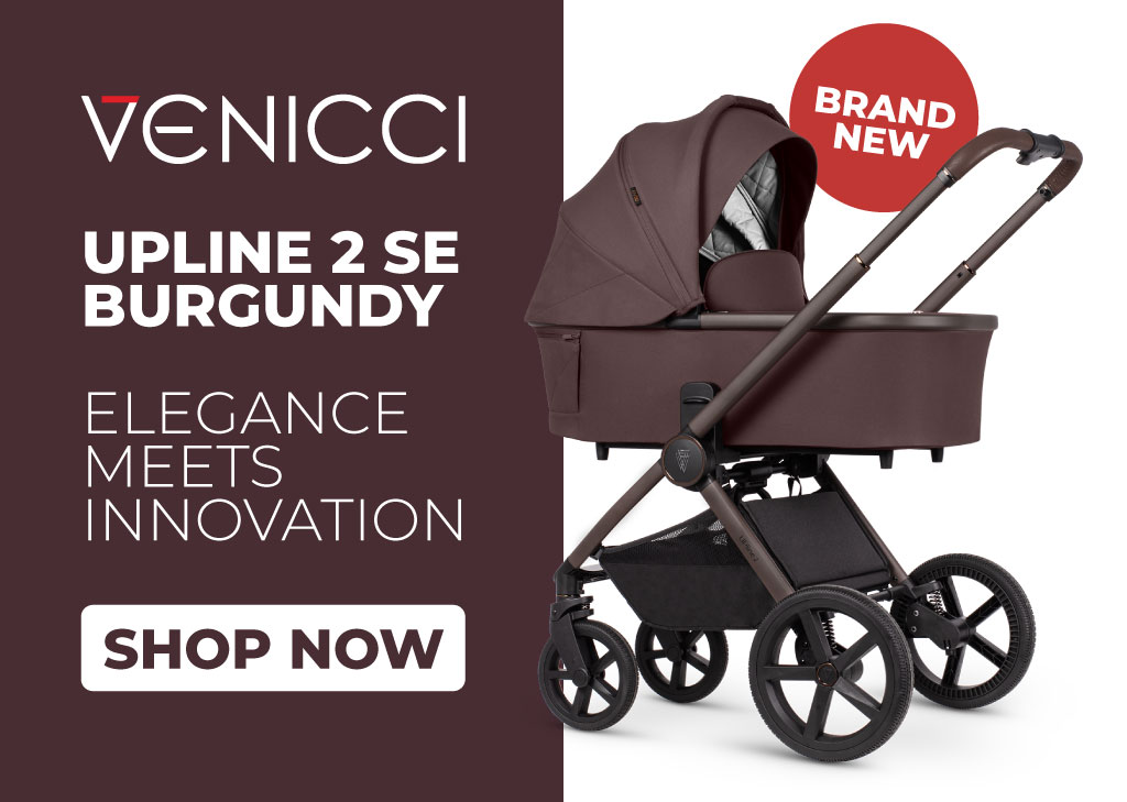 Venicci Upline 2 SE stroller in burgundy on white background with "Brand New" and "Shop Now" tags.