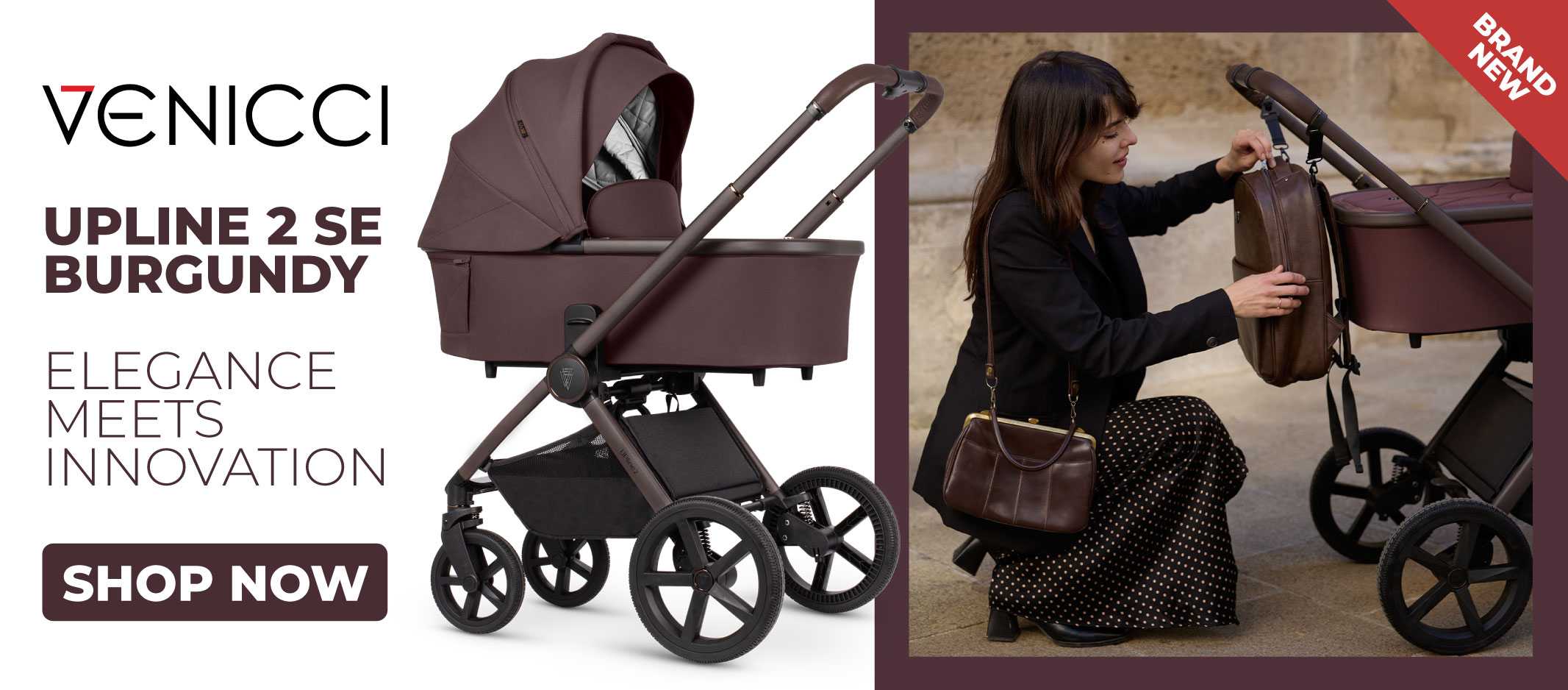 Burgundy Venicci Upline 2 SE stroller shown in detail and lifestyle settings with accessories.