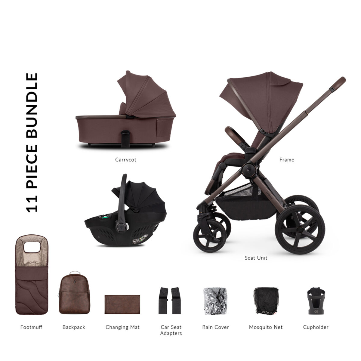Venicci Upline 2 Special Edition Travel System with Tiago Car Seat in Burgundy featuring all the accessories with a white back ground showcasing an 11 piece bundle.
