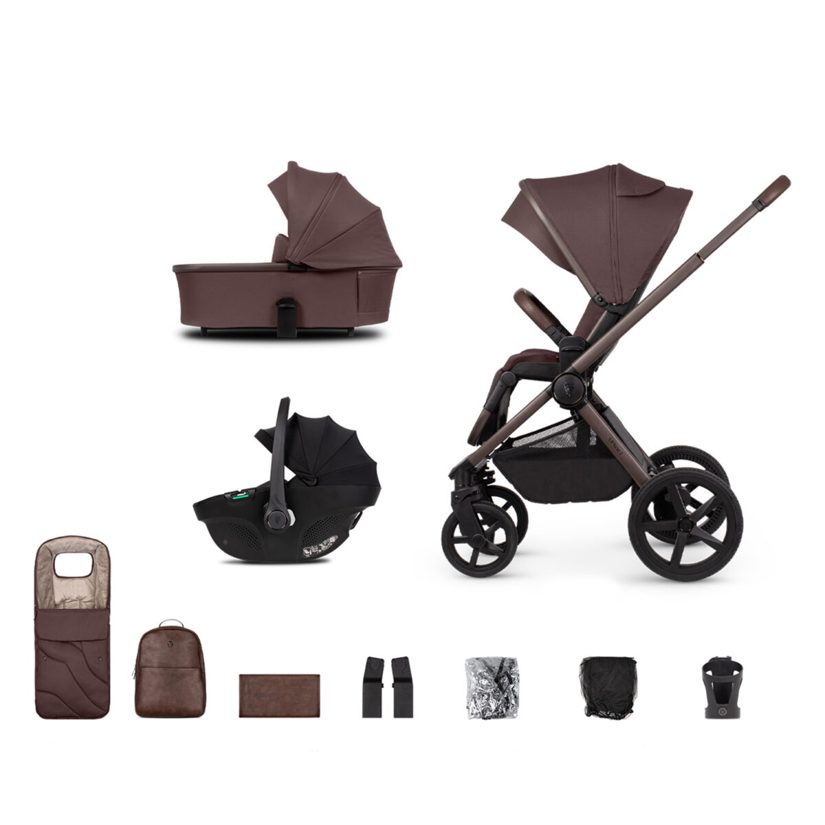 Venicci Upline 2 Special Edition Travel System with Tiago Car Seat in Burgundy featuring all the accessories with a white back ground.