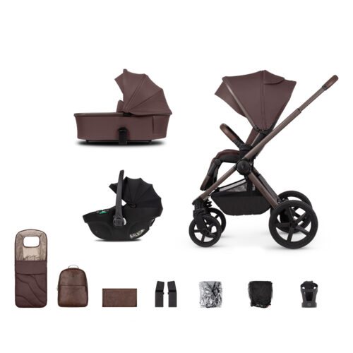 Venicci Upline 2 Special Edition Travel System with Tiago Car Seat in Burgundy featuring all the accessories with a white back ground.
