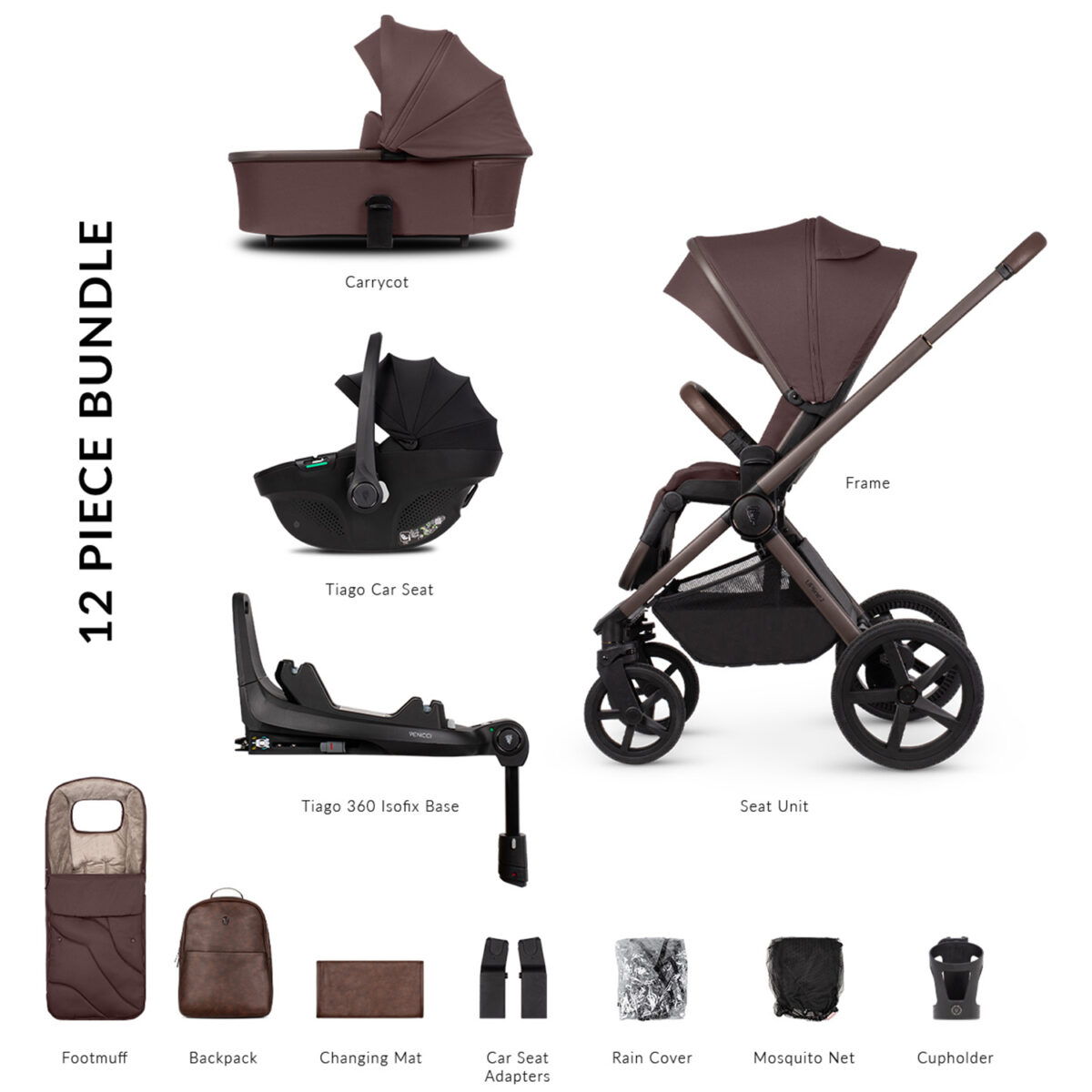 Venicci Upline 2 Special Edition Travel System with Tiago Car Seat & 360 ISOFIX Base in Burgundy featuring all the accessories with a white back ground highlighting this is a 12 piece bundle.