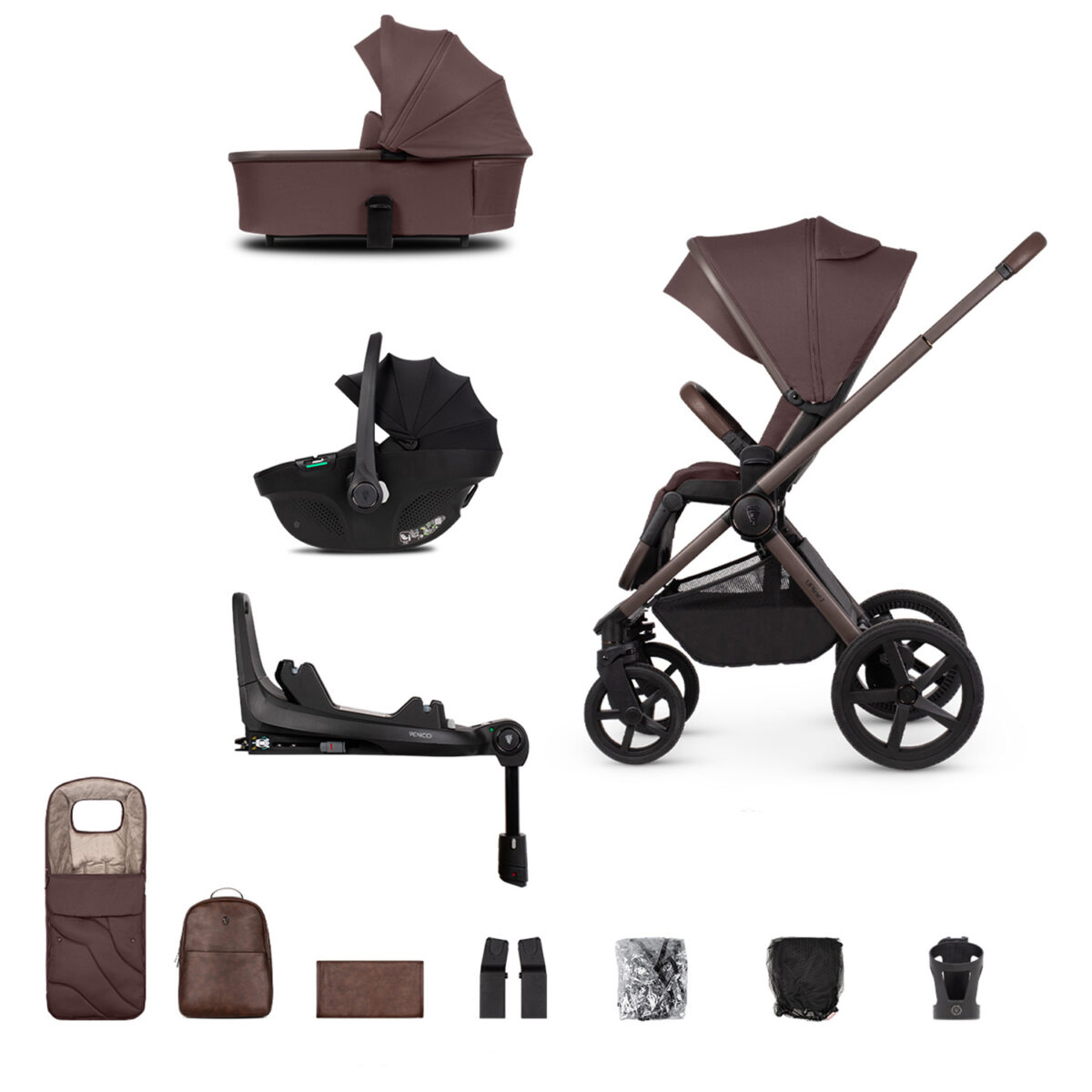 Venicci Upline 2 Special Edition Travel System with Tiago Car Seat & 360 ISOFIX Base in Burgundy featuring all the accessories with a white back ground