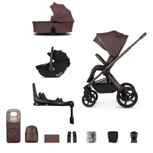 Venicci Upline 2 Special Edition Travel System with Tiago Car Seat & 360 ISOFIX Base in Burgundy featuring all the accessories with a white back ground
