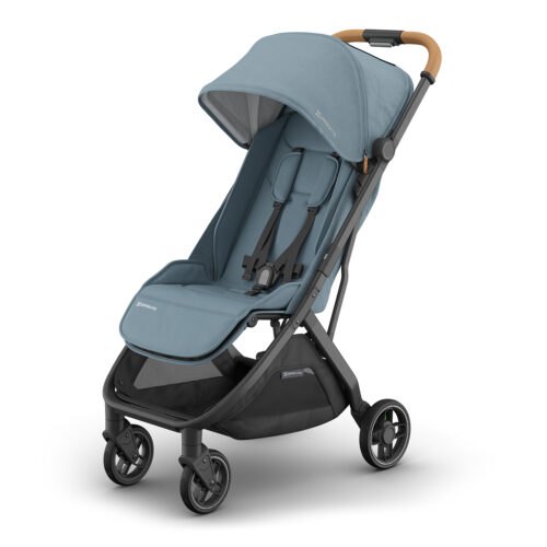 Angled front view of UPPAbaby MINU V3 stroller in Dillan with canopy partially extended.