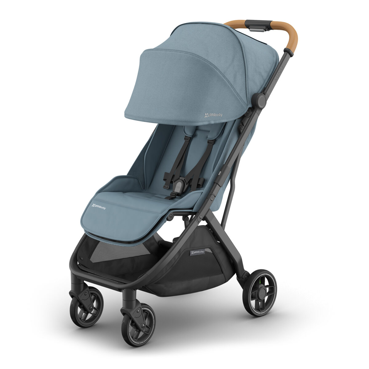 Dillan UPPAbaby MINU V3 stroller angled view with canopy extended and brown leather handlebar.