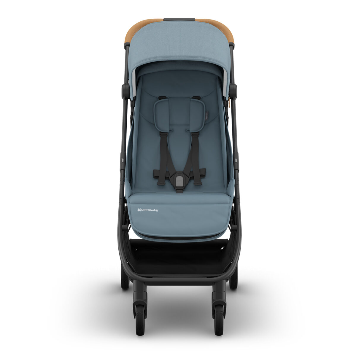 Front view of the UPPAbaby MINU V3 stroller in Dillan with harness and footrest visible.