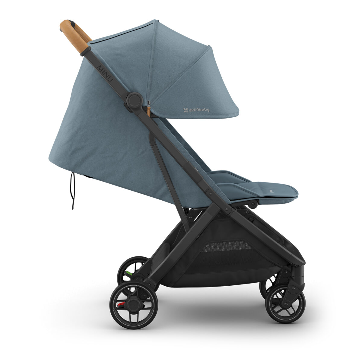 Side profile of Dillan UPPAbaby MINU V3 stroller with fully extended canopy and reclined seat.