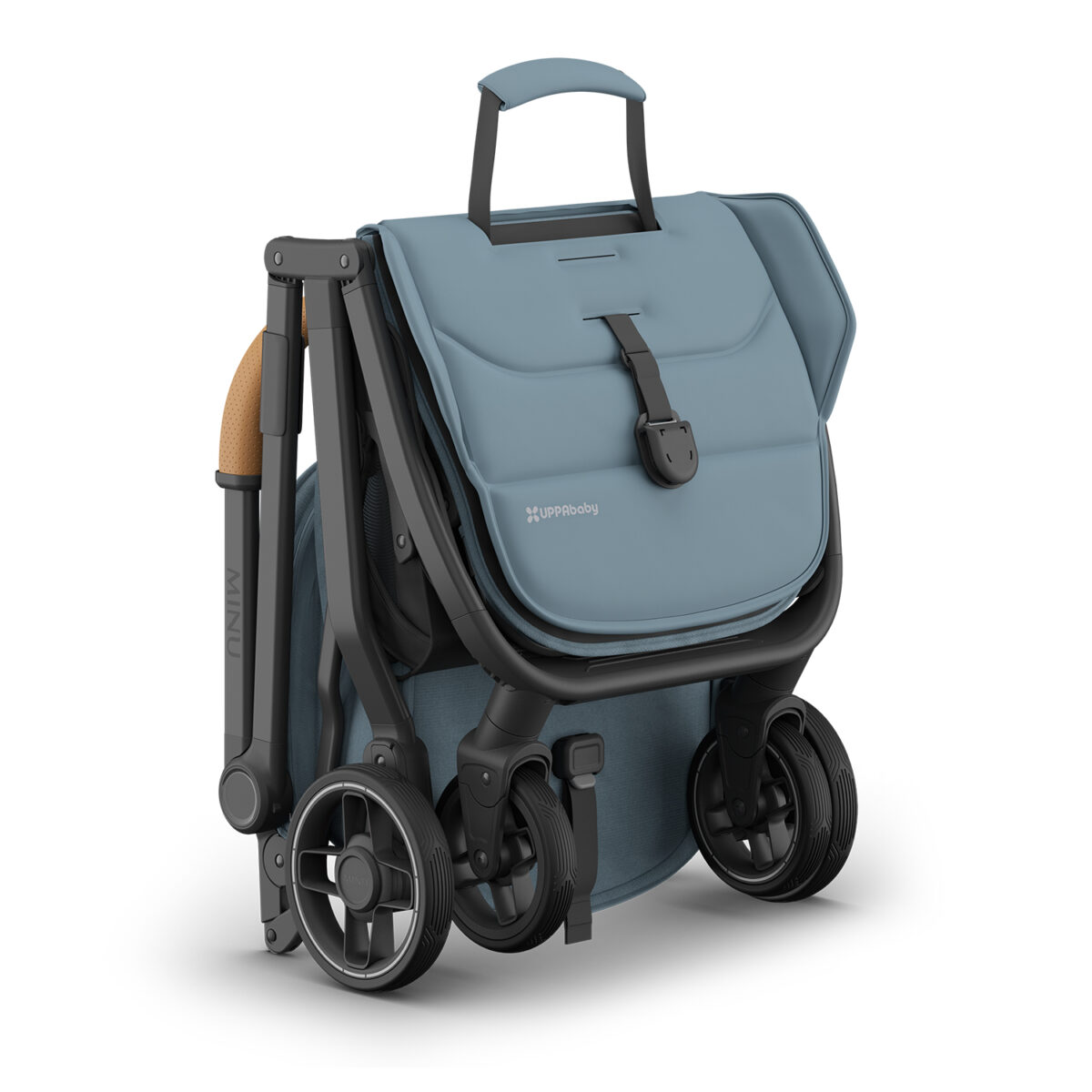 Dillan UPPAbaby MINU V3 stroller folded with carry handle on top for easy transport.