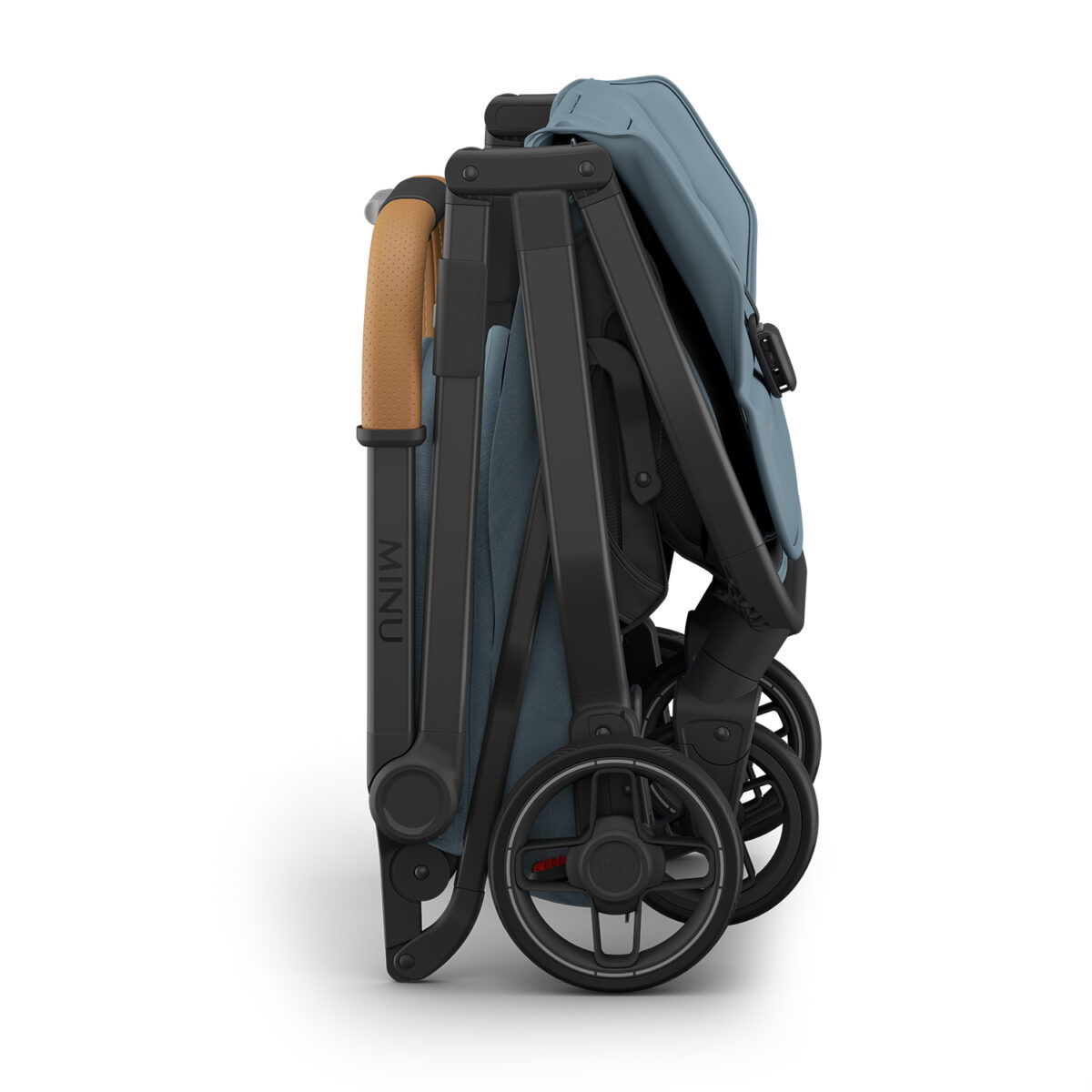Side view of the folded UPPAbaby MINU V3 stroller in Dillan, showing compact design and wheels.
