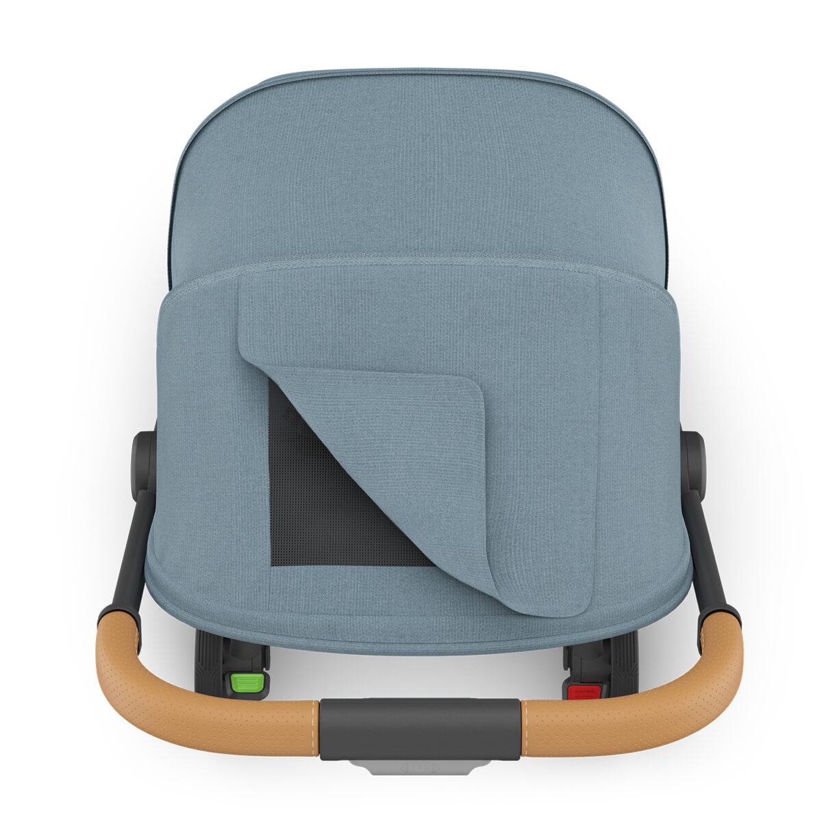 Top view of Dillan UPPAbaby MINU V3 stroller showing peekaboo mesh window and leather handle.