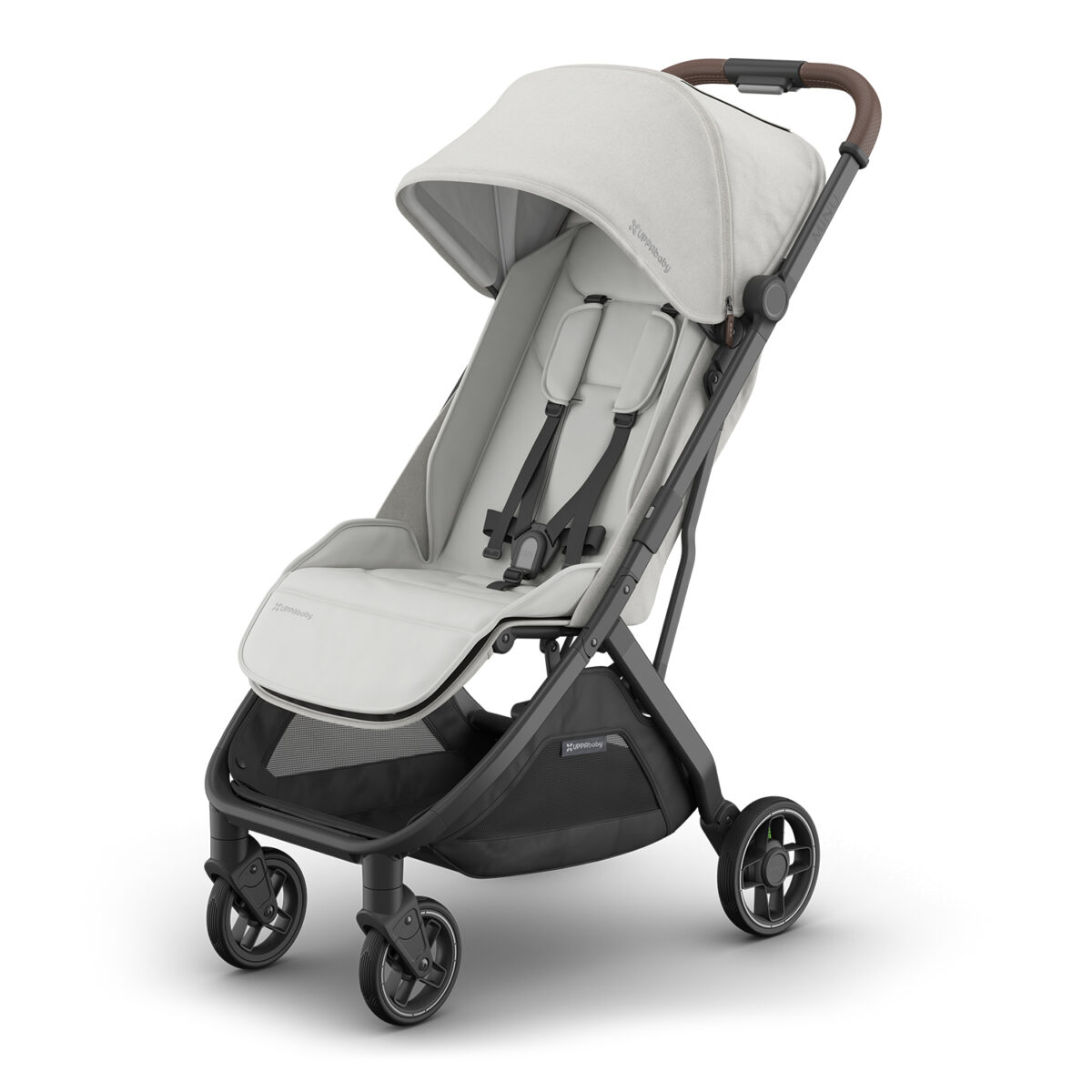 Angled front view of UPPAbaby MINU V3 stroller in Savannah with canopy partially extended.