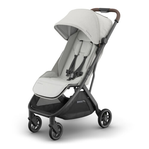 Angled front view of UPPAbaby MINU V3 stroller in Savannah with canopy partially extended.