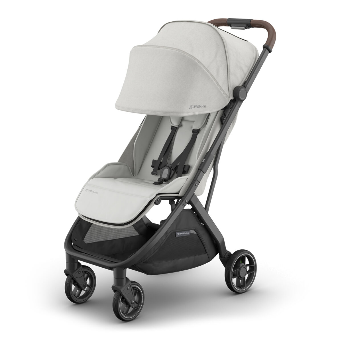 Savannah UPPAbaby MINU V3 stroller angled view with canopy extended and brown leather handlebar.