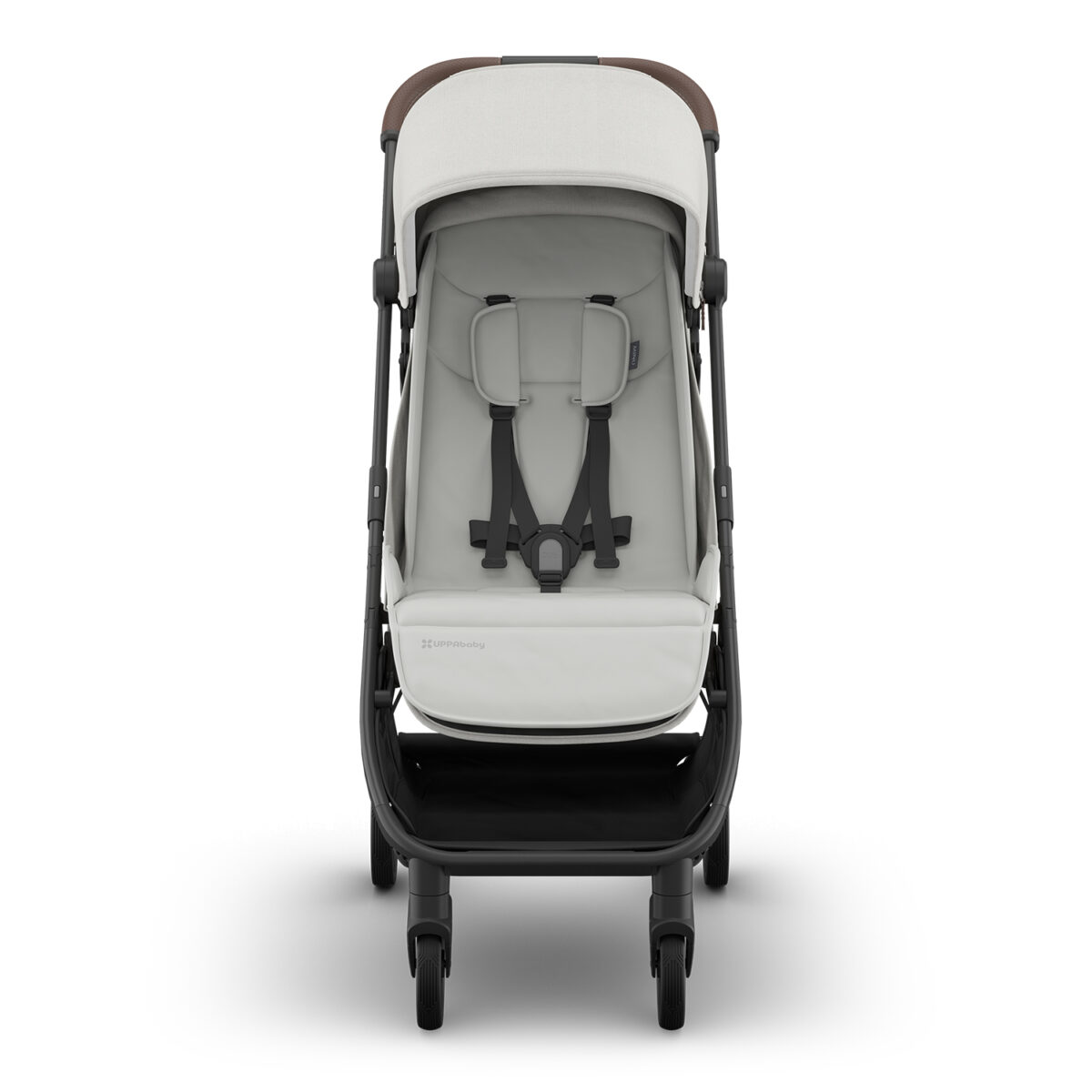Front view of the UPPAbaby MINU V3 stroller in Savannah with harness and footrest visible.