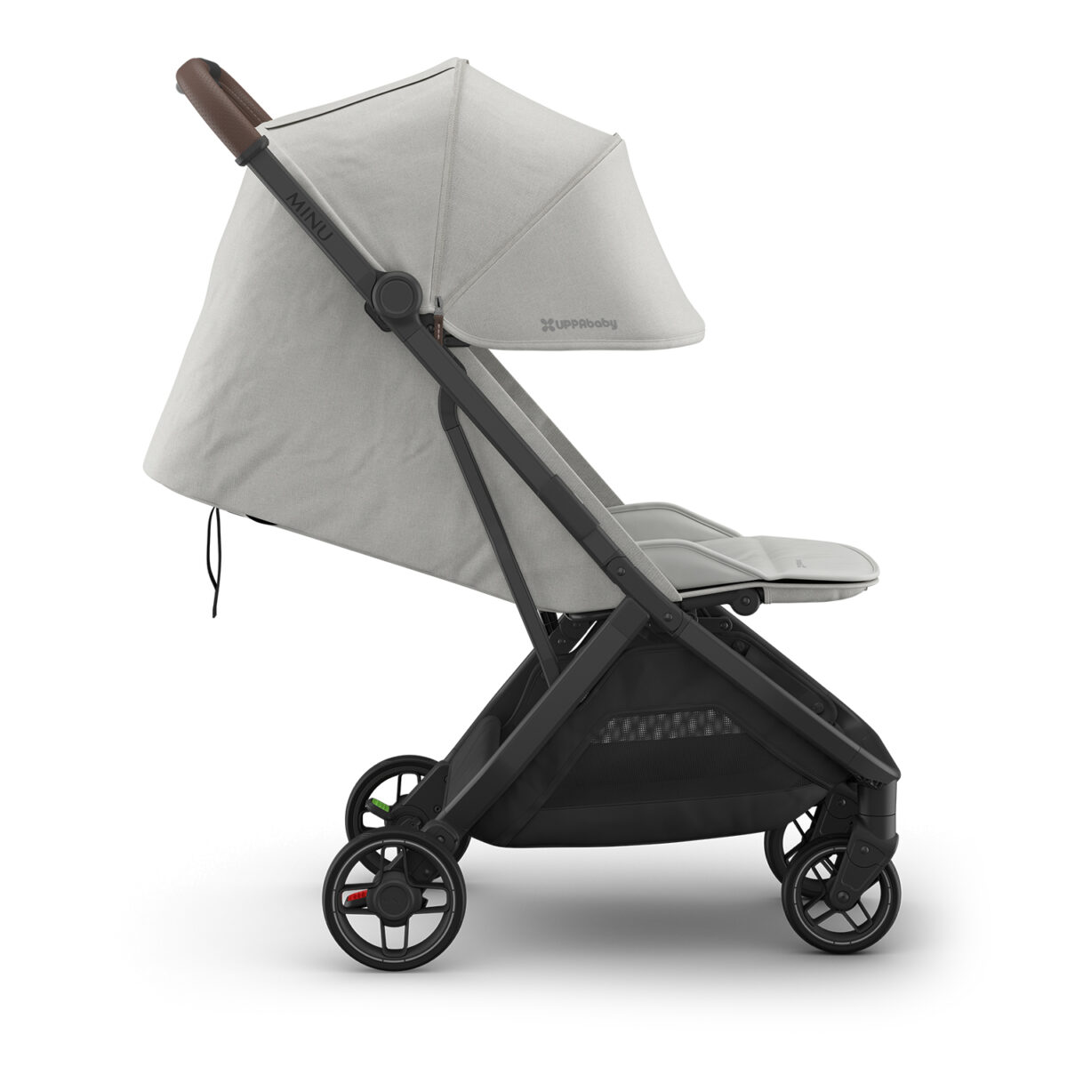 Side profile of Savannah UPPAbaby MINU V3 stroller with fully extended canopy and reclined seat.