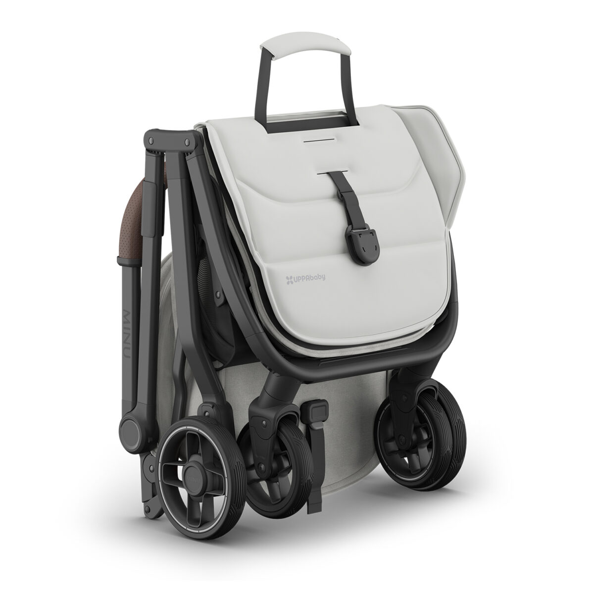 Savannah UPPAbaby MINU V3 stroller folded with carry handle on top for easy transport.