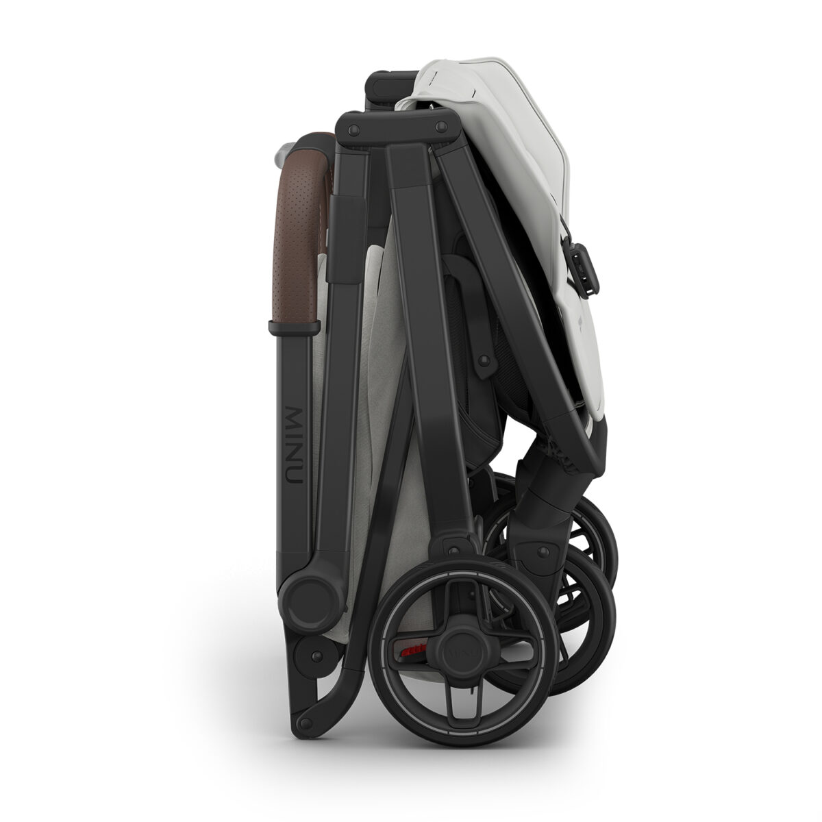 Side view of the folded UPPAbaby MINU V3 stroller in Savannah, showing compact design and wheels.