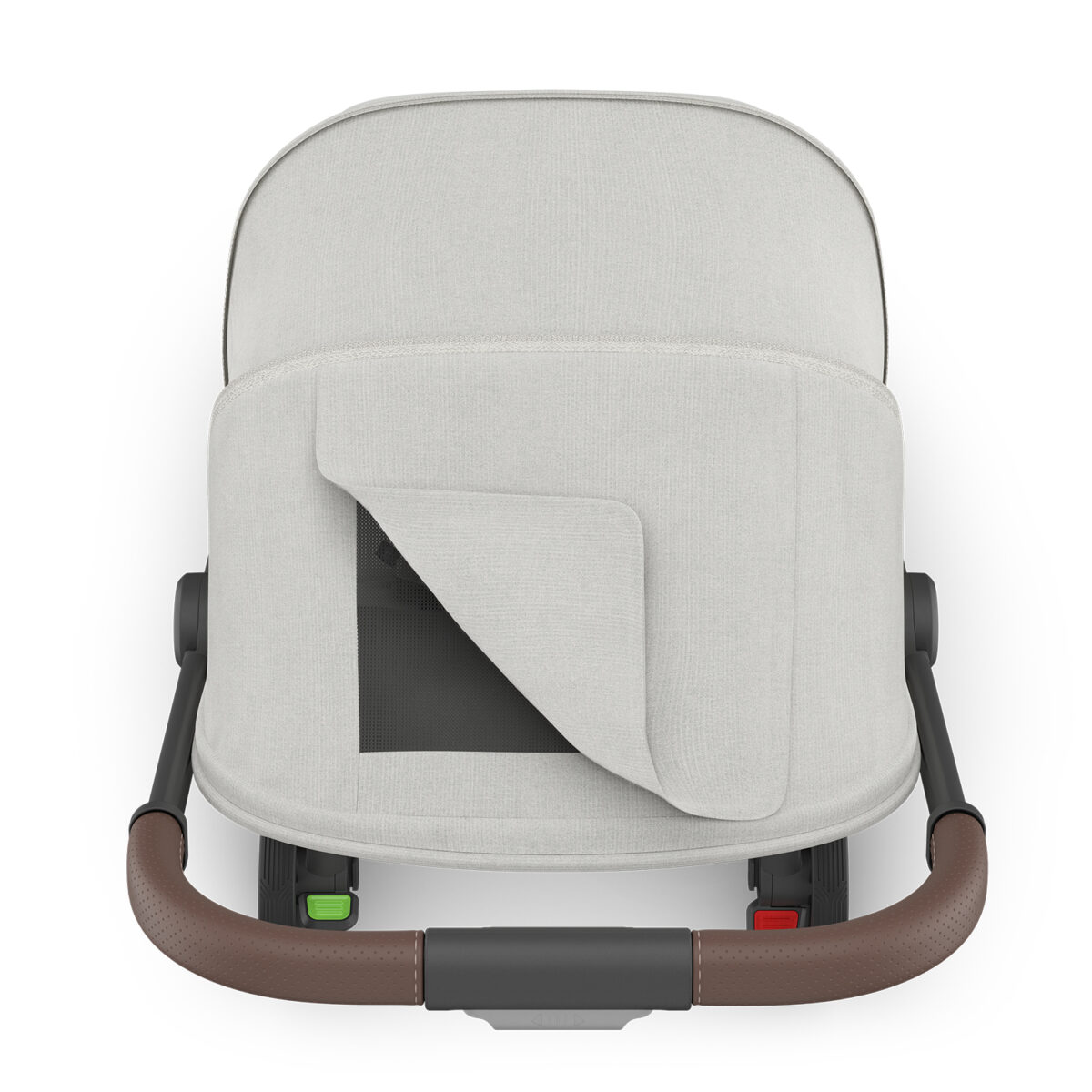 Top view of Savannah UPPAbaby MINU V3 stroller showing peekaboo mesh window and leather handle.