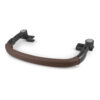 Dark brown leather stroller bumper bar with black plastic ends for secure stroller attachment.