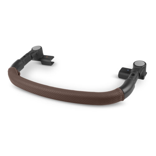 Dark brown leather stroller bumper bar with black plastic ends for secure stroller attachment.