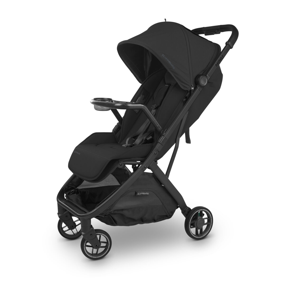Black UPPAbaby stroller with attached snack tray replacing the bumper bar, shown at an angle.