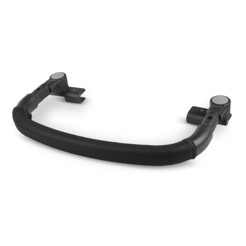 Black stroller bumper bar with side clips, designed for secure attachment and padded for comfort.