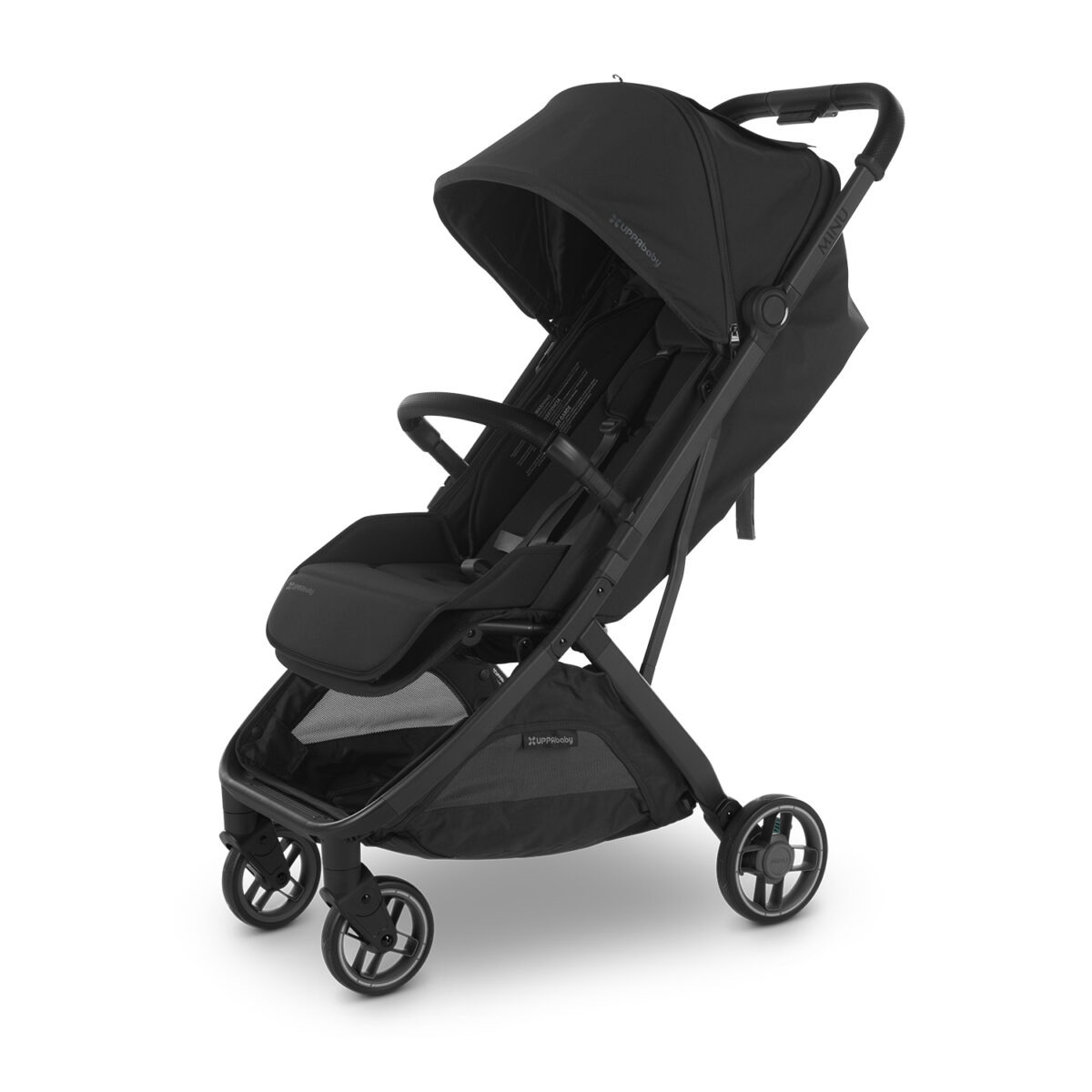 Black UPPAbaby stroller with canopy, padded seat, bumper bar, and storage basket shown in profile view.