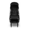 Front view of black UPPAbaby stroller with bumper bar and five-point harness on the seat.