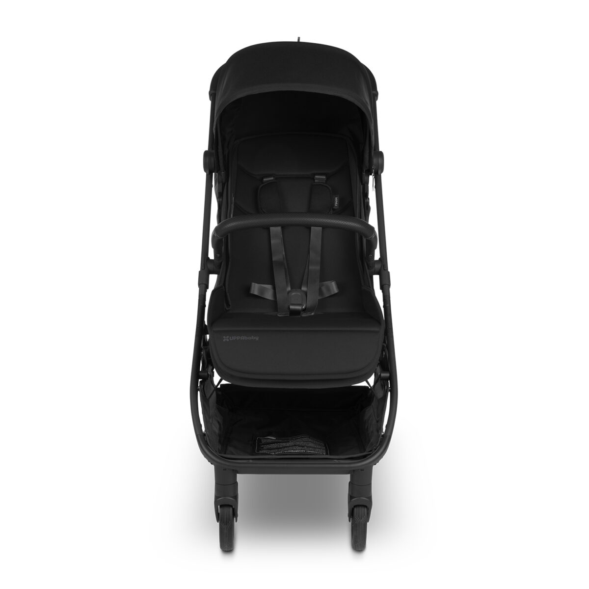 Front view of black UPPAbaby stroller with bumper bar and five-point harness on the seat.
